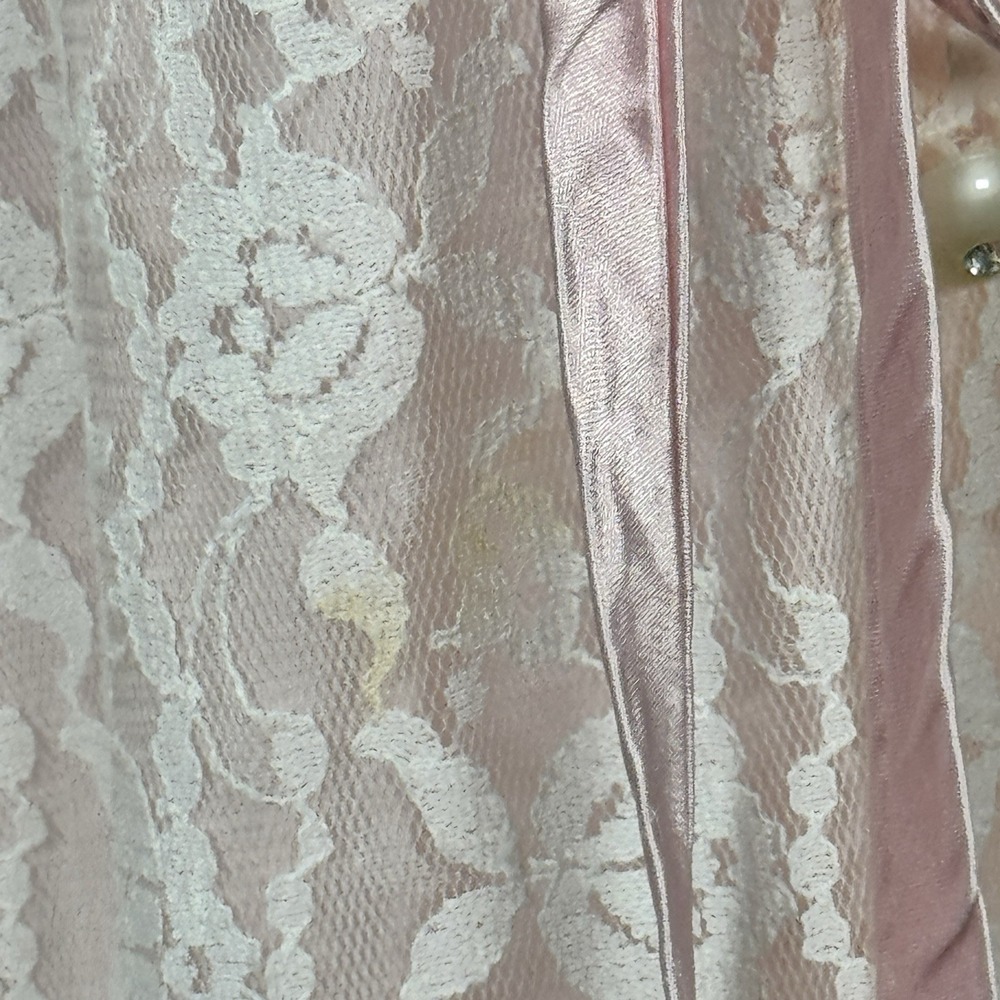 Vintage Pink Lace Maxi Robe Sheer Overlay Pockets Tie Waist Romantic M READ - Picture 13 of 16